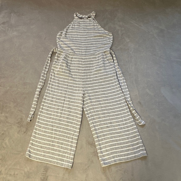 LOFT Outlet Striped Jumpsuit Gray White Large Linen Beach Resortwear Coastal - Picture 1 of 12